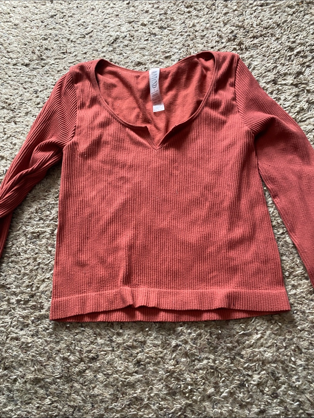 Ribbed V-Neck Sweater Top in Rust Orange